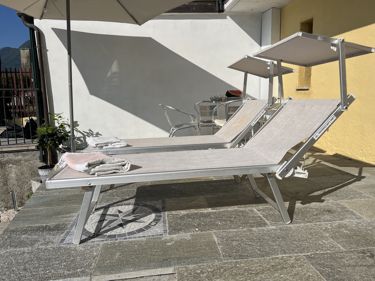 Decorative table with umbrella and plant