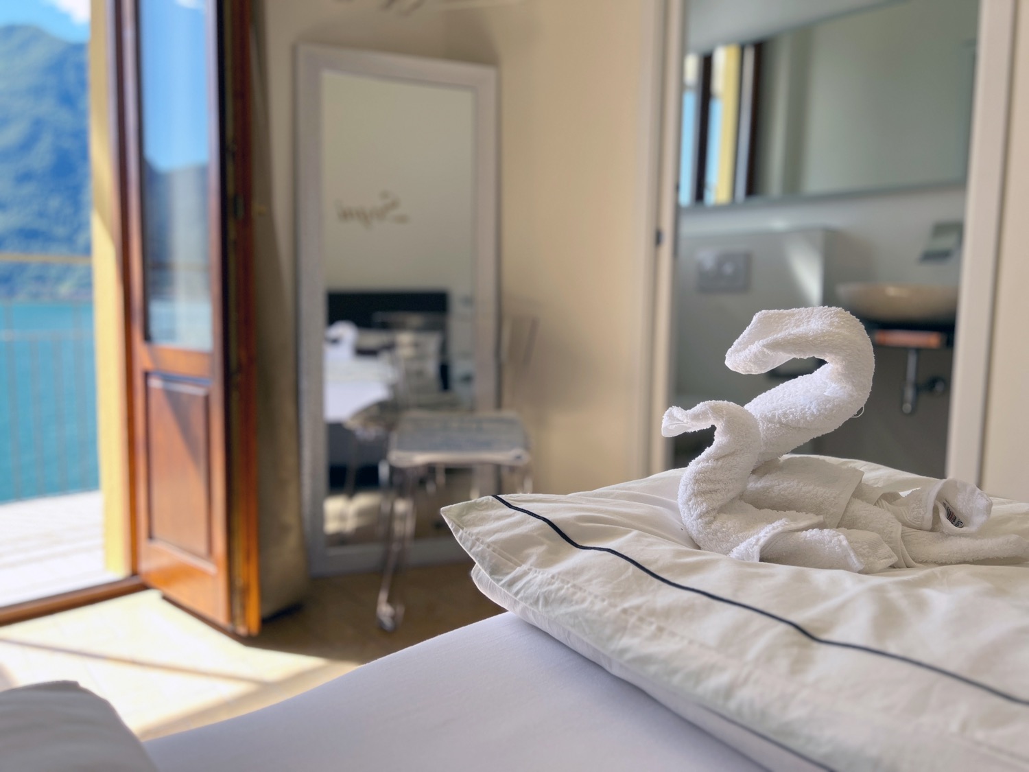 Bedroom setup with furniture and bedding