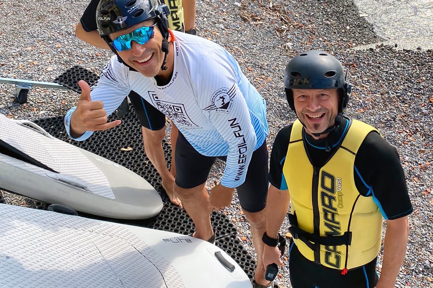 Clothes and helmets atop rocky structure