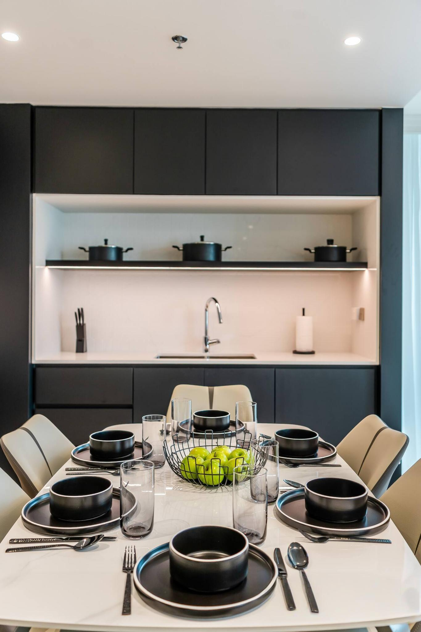 Modern minimalist room with built-in furniture