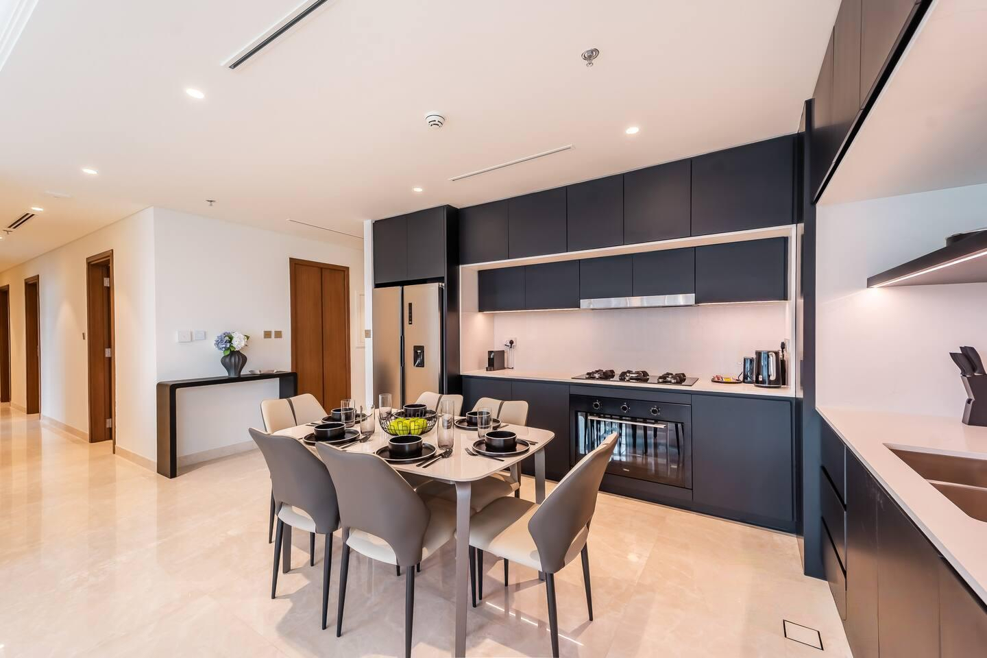 Wooden furniture with cabinetry and table