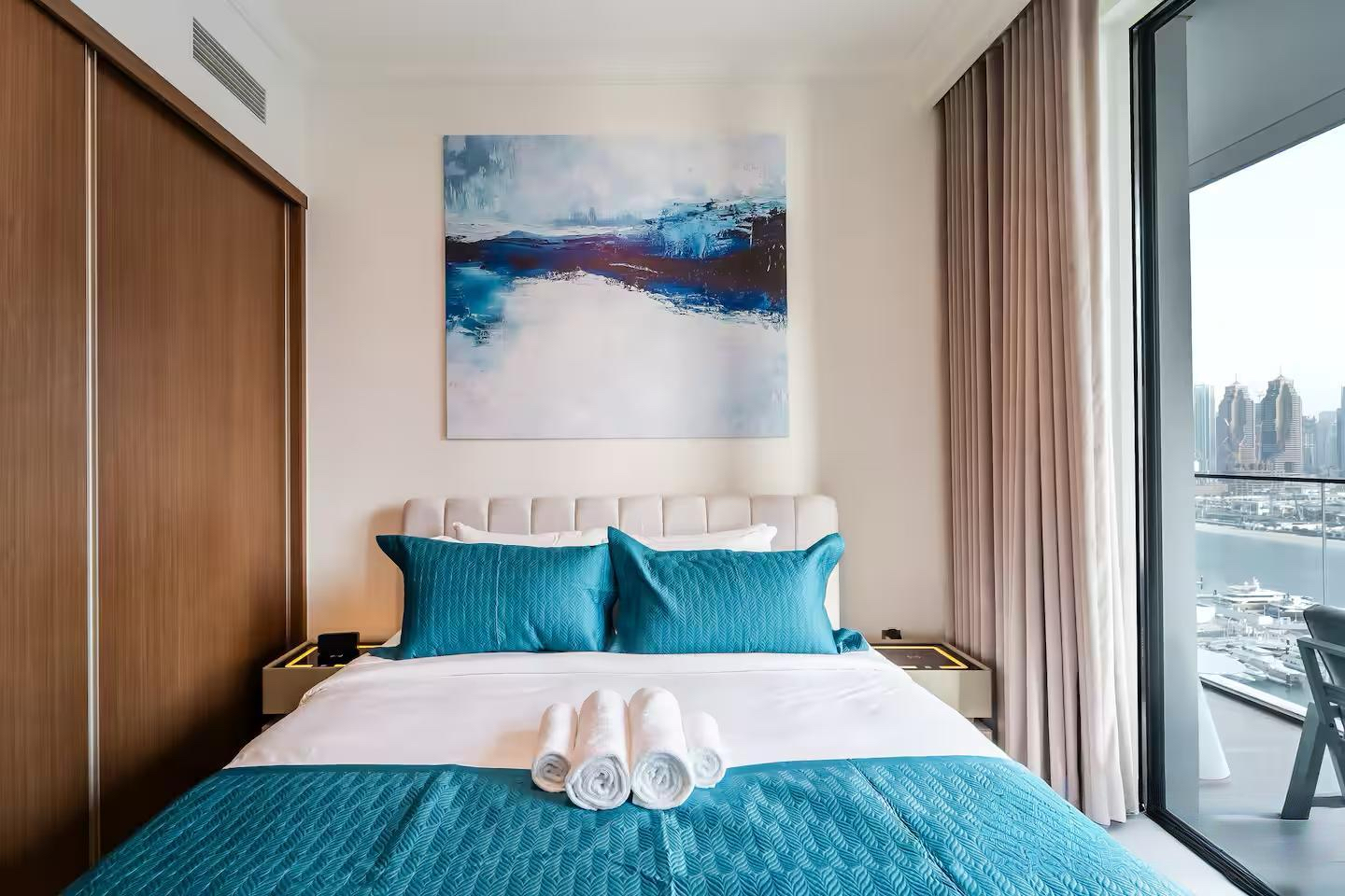 Cozy bedroom with bed, pillows, and bedding