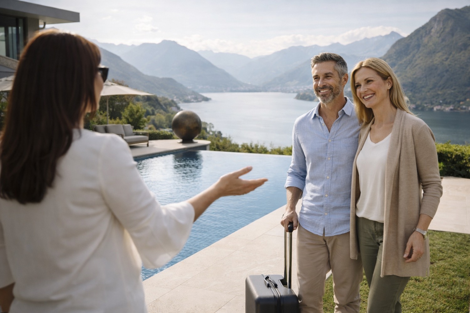 Cloudy lake under grassy hill